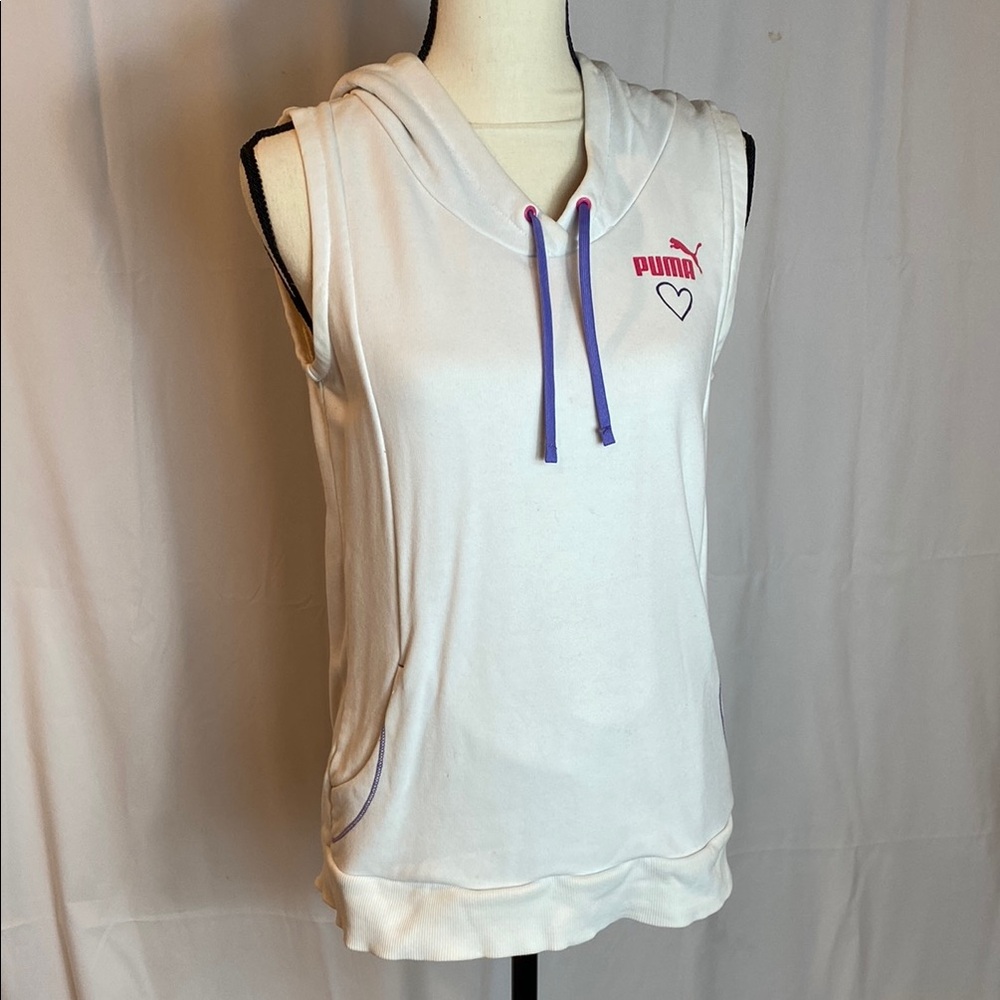 PUMA Women's White Sleeveless Hoodie with Pink Logo
